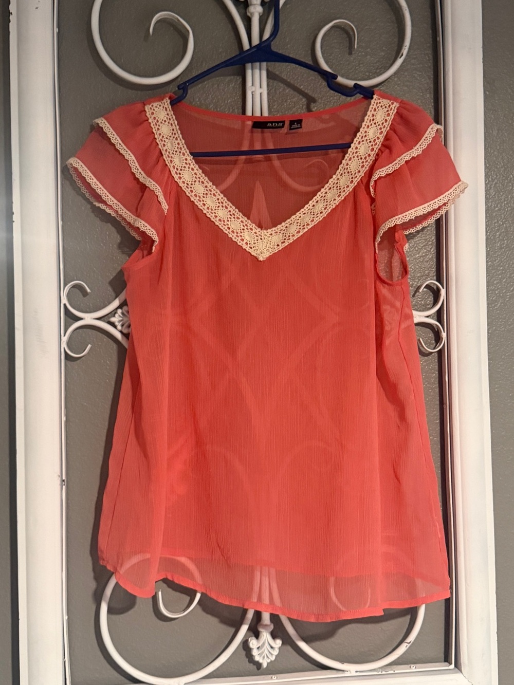 a.n.a Coral Blouse with Cream Crochet Trim and Flutter Sleeves